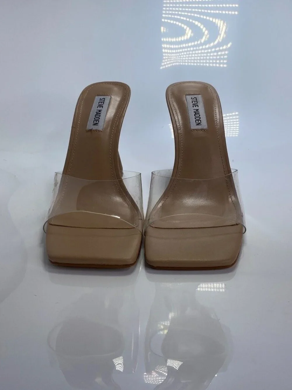 Steve Madden Women's Elated Tan Lucite Heeled Slide Sandals Sz 8.5
